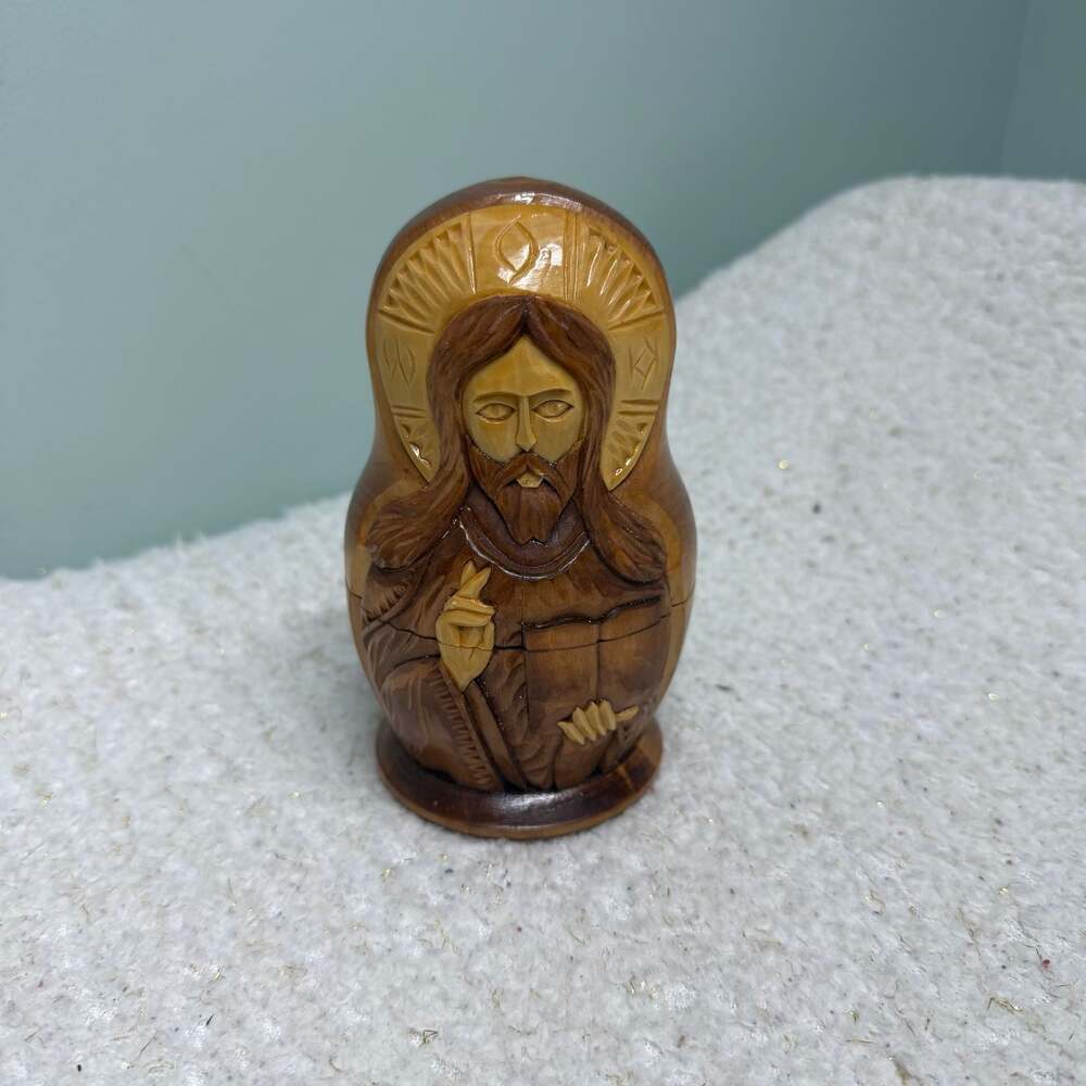Hand-Carved Wooden Russian Orthodox 5-Piece Nesting Dolls features Jesus & Saint